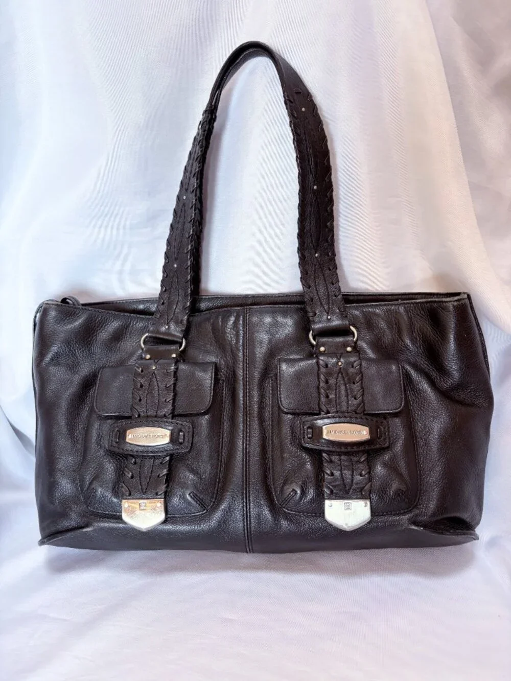 Michael Kors Leather Tote Bag Stitch Detail Top Handle Black Vintage Large